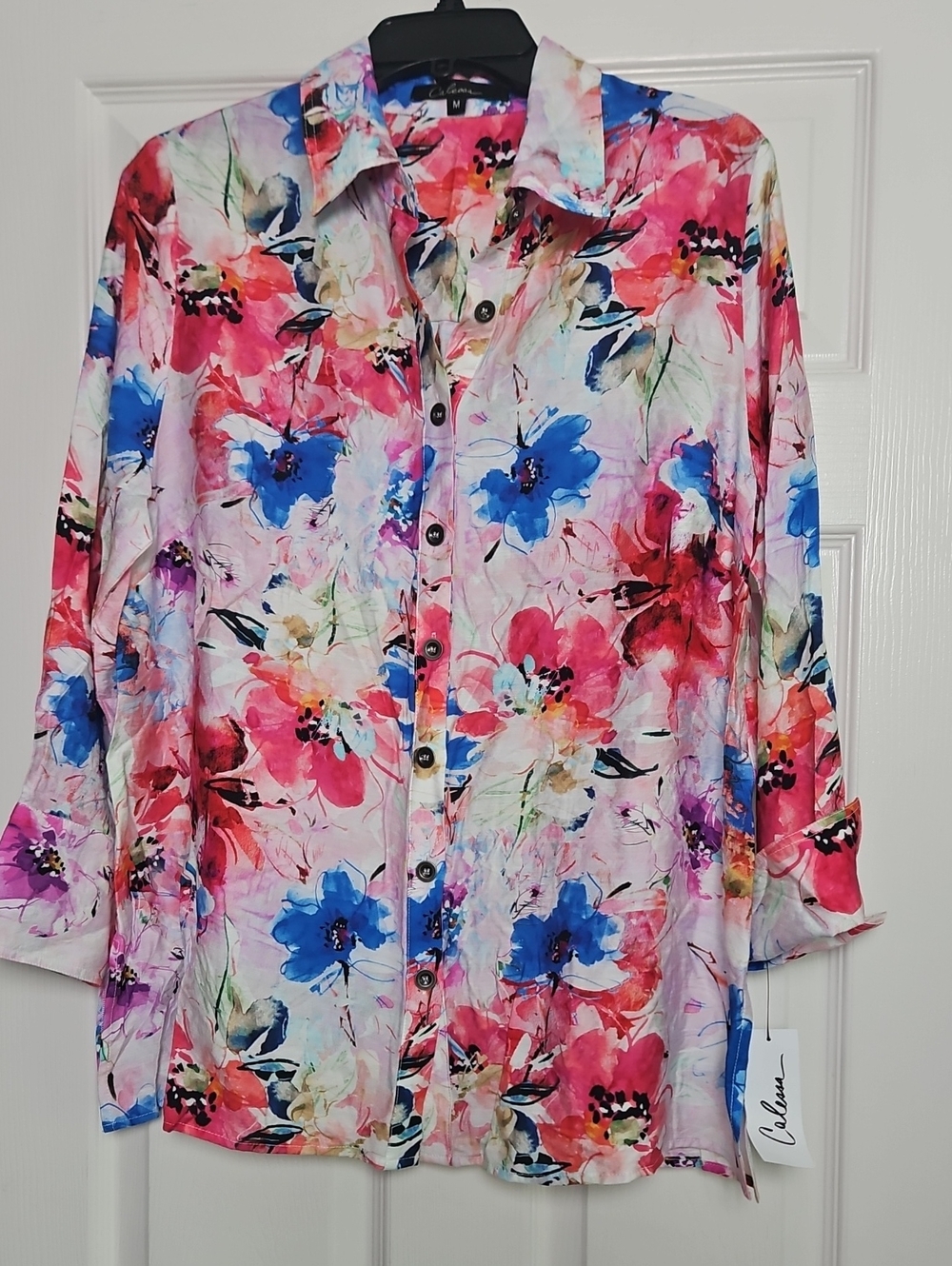 Calessa Long Sleeve Collared Button Front Top: Multi Color Floral: Medium